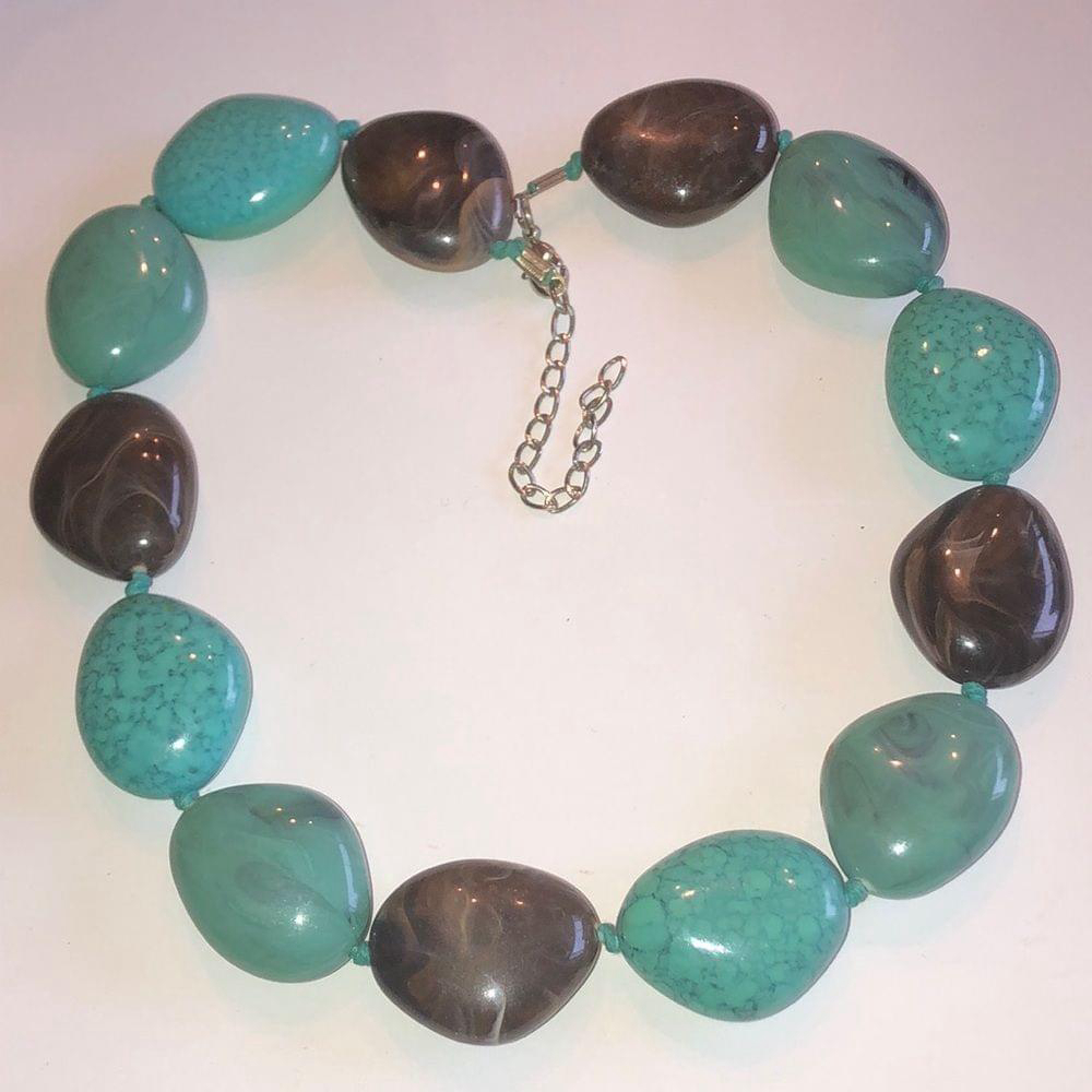 Boho Turquoise Color & Brown Chunky Beads Beaded Necklace